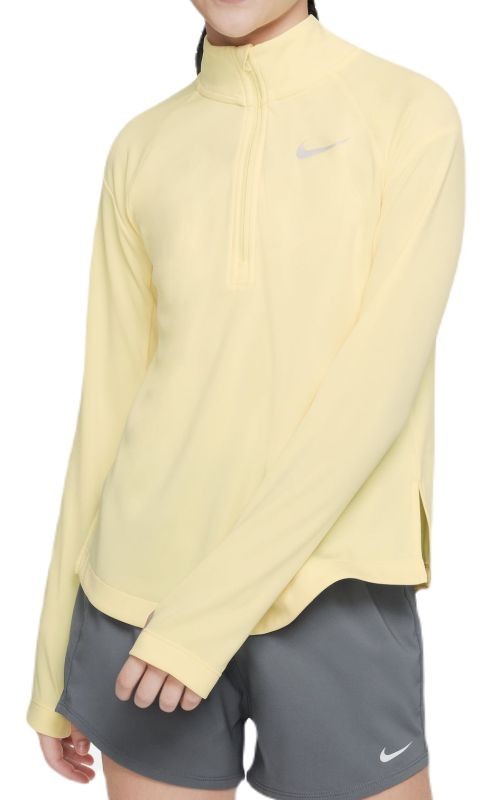 Теннисная футболка детская Nike Girls 1/2 Zip Long Sleeve Top citron tint/reflective silver