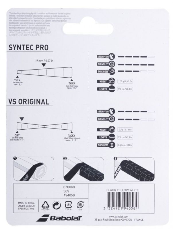 Ручка для ракетки Babolat Syntec Pro х1 + VS Original x3 (1 штука + 3 намотки) black/yellow/white